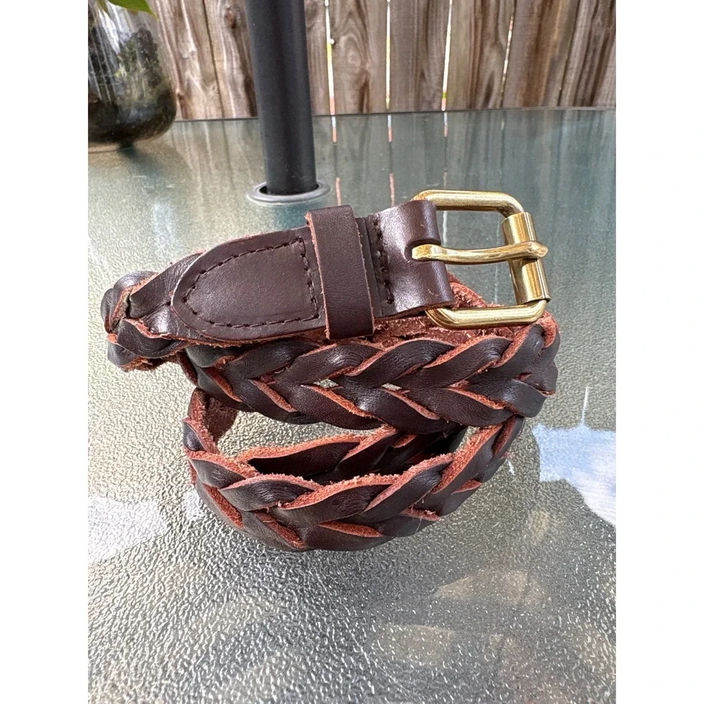 Dark Brown Braided Genuine Leather Belt Brass Buckle Boho S/M